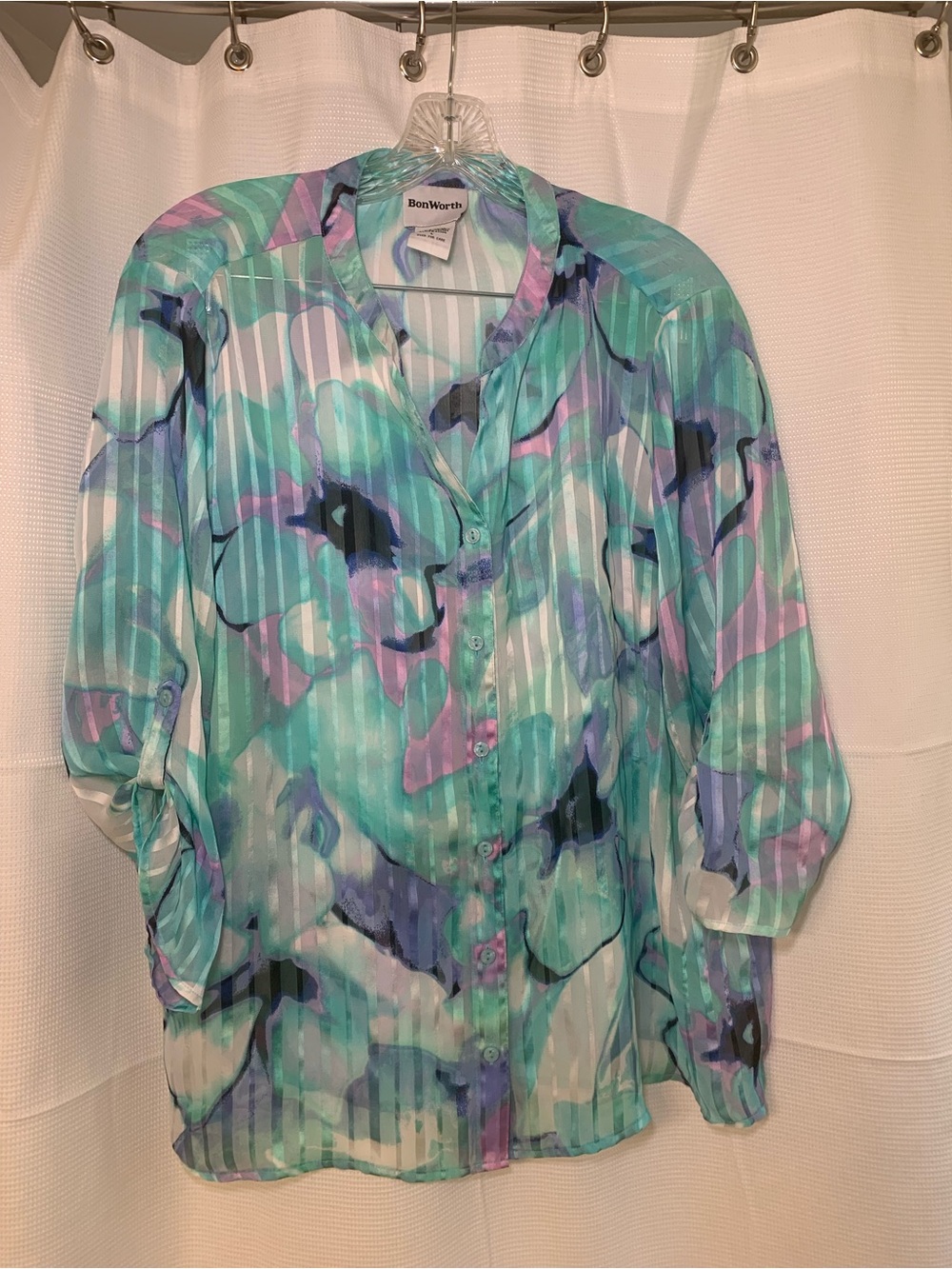 BonWorth Sheer Floral Button-Down Blouse in Aqua, Lavender and Teal